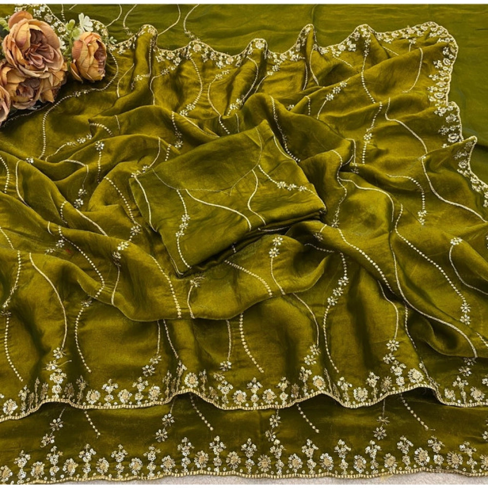 Generic Women's Jimmy Choo Embellished Saree With Unstitched Blouse 5.5Mtr�(Green)