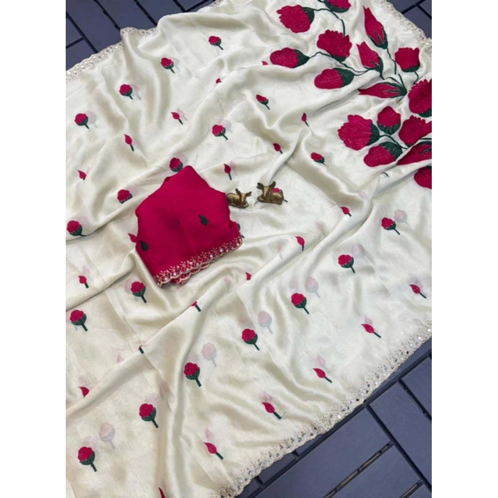 Generic Women's Georgette Embellished Saree With Unstitched Blouse 5.5Mtr�(Cream-Red)