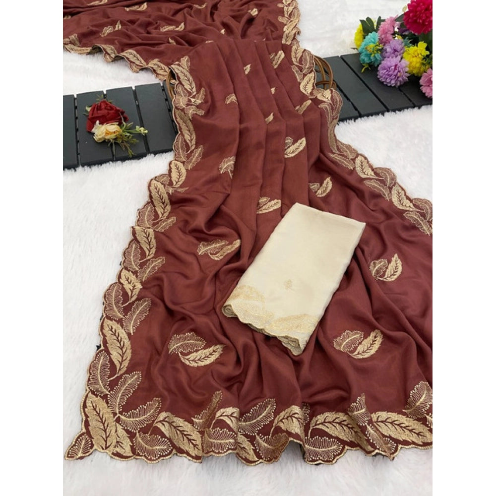Generic Women's Chiffon Embroidered Saree With Unstitched Blouse 5.5Mtr�(Maroon)