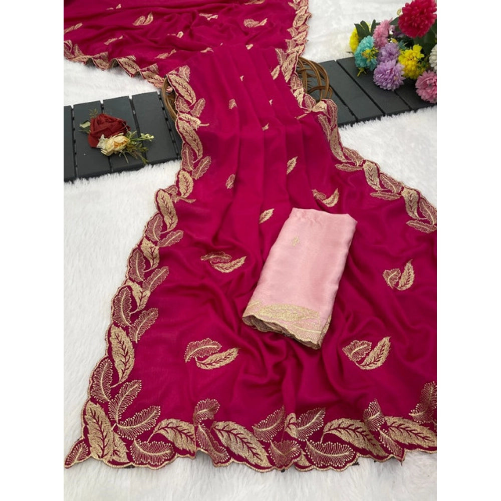 Generic Women's Chiffon Embroidered Saree With Unstitched Blouse 5.5Mtr�(Pink)