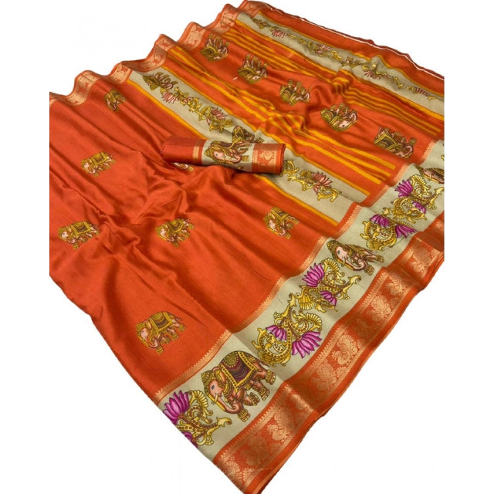 Generic Women's Dola Silk Printed Saree With Unstitched Blouse 5.5Mtr (Orange)
