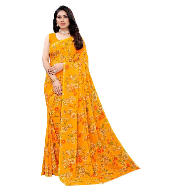 Generic Women's Georgette Floral Printed Saree With Unstitched Blouse 5.5Mtr (Yellow)