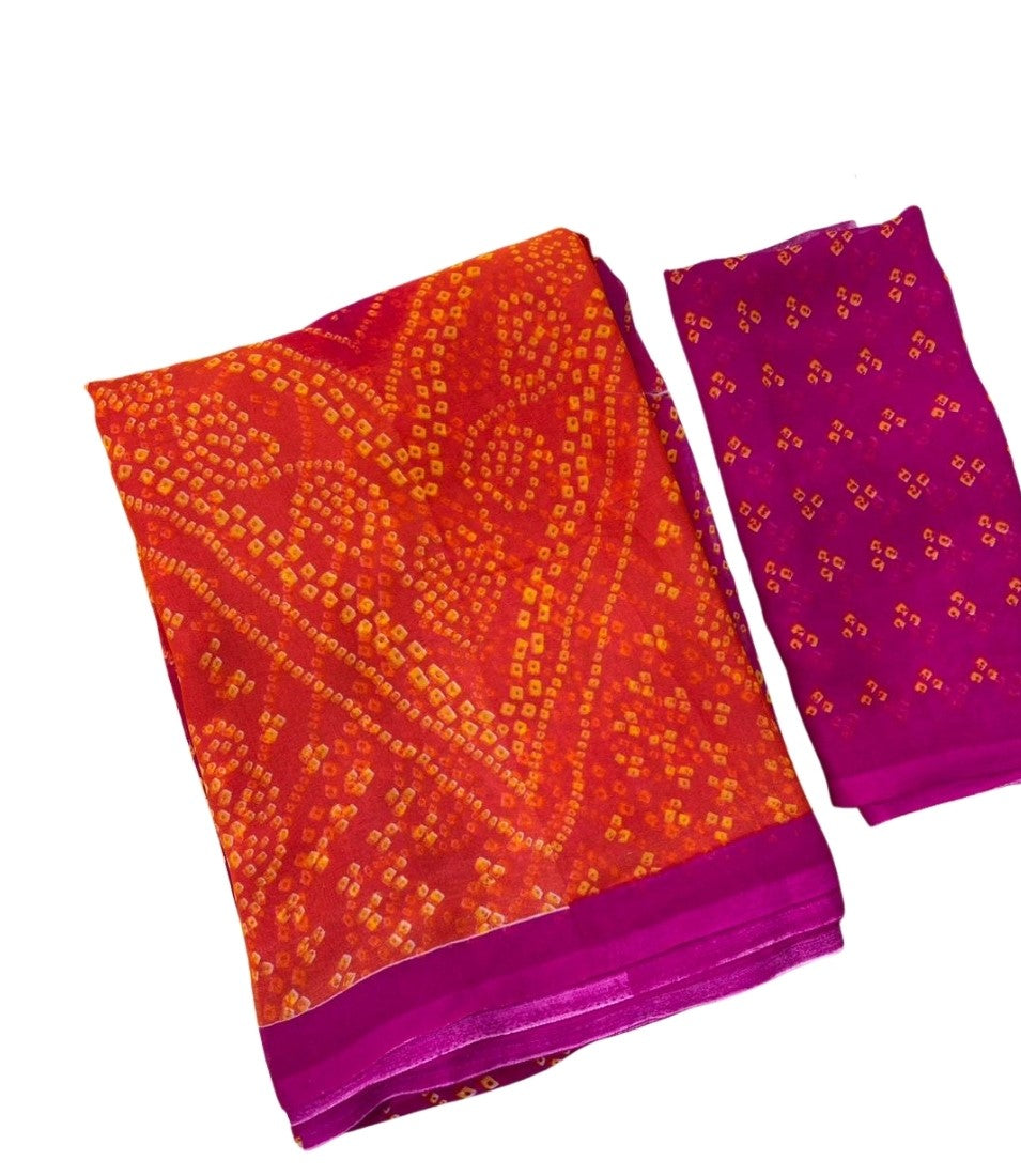 Generic Women's Georgette Bandhani Printed Saree With Unstitched Blouse 5.5Mtr (Orange-Magenta)