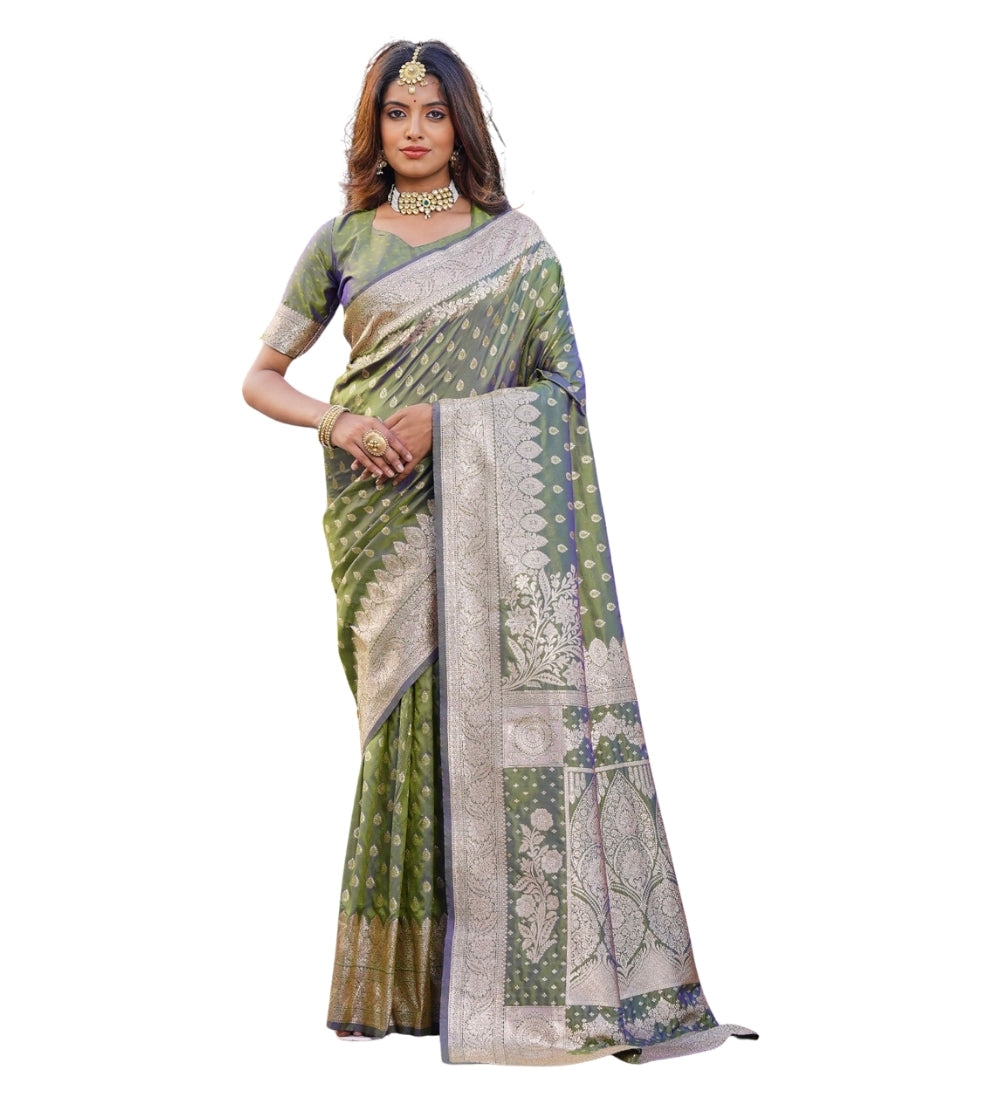 Generic Women's Jacquard Printed Saree With Unstitched Blouse 5.5Mtr (Olive Green)