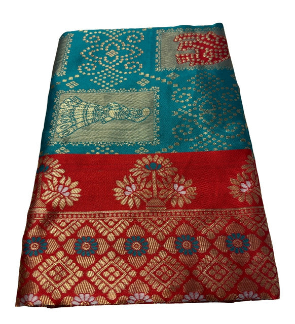Generic Women's Jacquard Printed Saree With Unstitched Blouse 5.5Mtr (Teal)