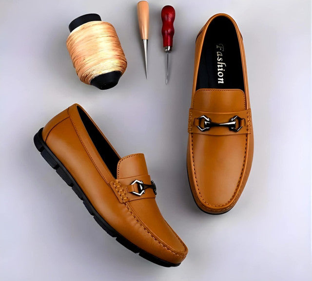 Generic Men's Synthetic Leather Solid Slip-On Casual Loafers With Metal Bit (Tan)