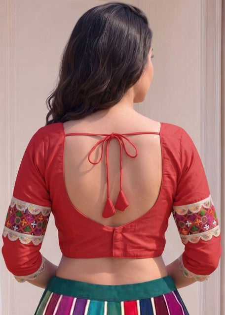 Generic Women's Cotton Blend Embroidered 3/4 Sleeve V-Neck Padded Readymade Blouse (Red, Size 38 - Self-Alterable 36�40)