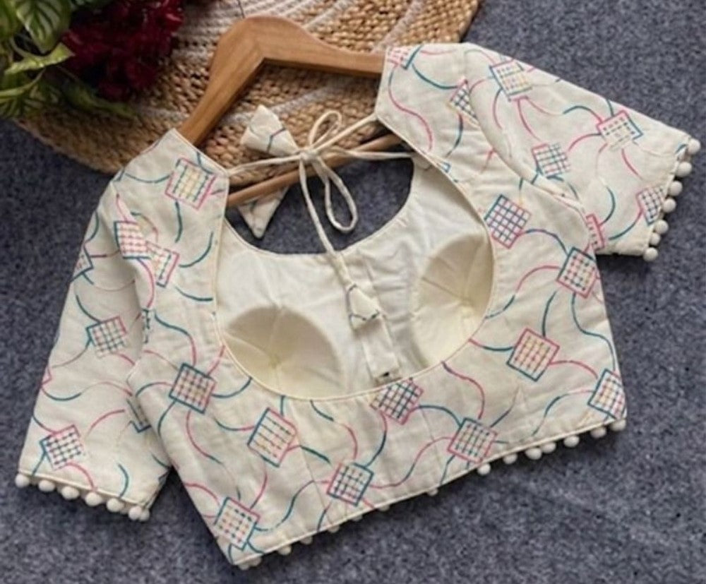 Generic Women's Cotton Printed Half sleeve Round Neck Padded Readymade Blouse (Cream, Size 38 - Self-Alterable 36�40)