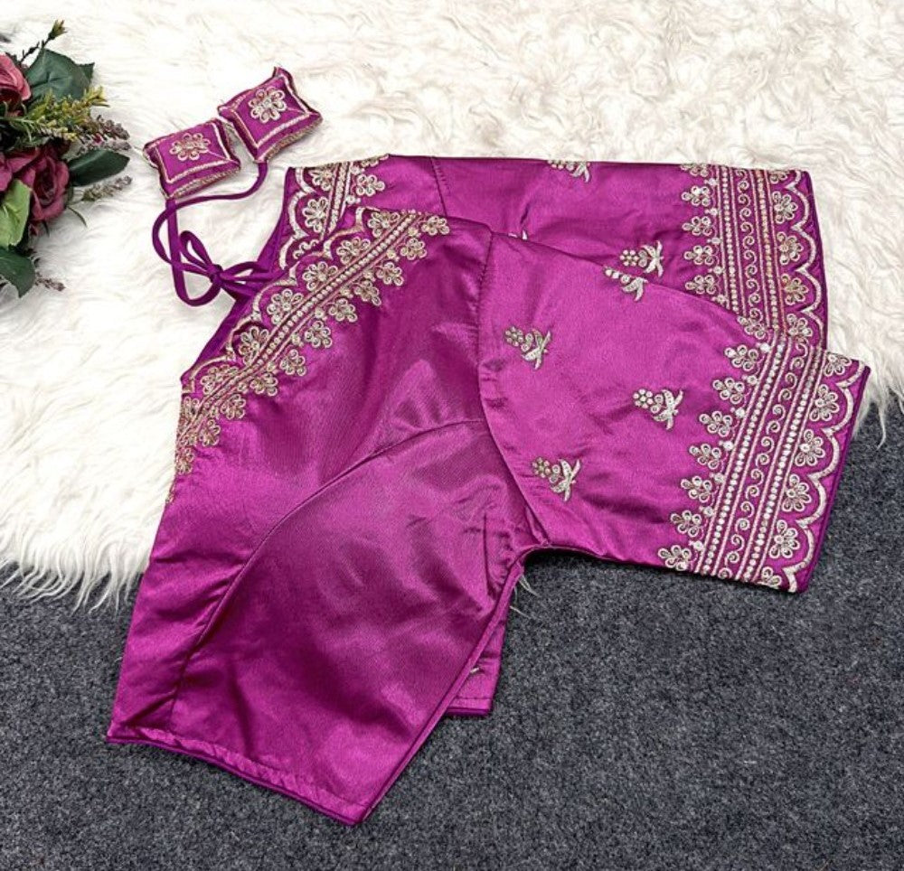 Generic Women's Satin Embroidered Half sleeve V-Neck Padded Readymade Blouse (Purple, Size 38 - Self-Alterable 36�40)