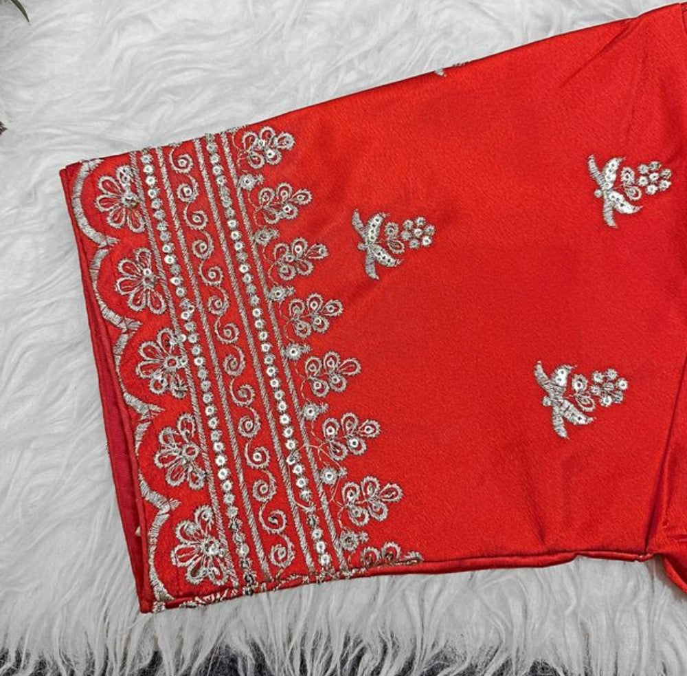 Generic Women's Satin Embroidered Half sleeve V-Neck Padded Readymade Blouse (Red, Size 38 - Self-Alterable 36�40)
