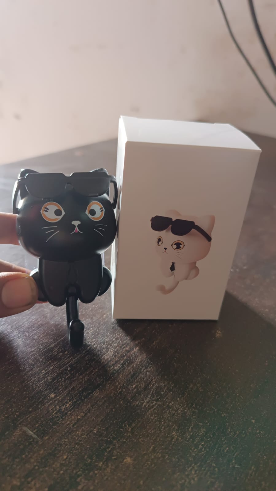 A hand holding a black cat-shaped wall hook with sunglasses next to its white product box.