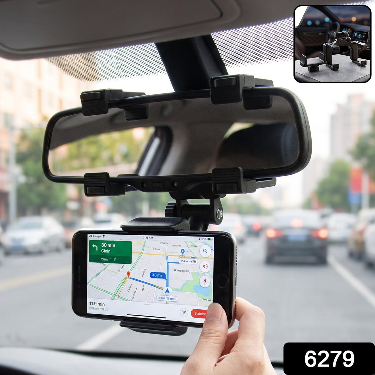 A black car phone mount attached to a rear view mirror, holding a smartphone displaying a navigation app, with a '6279'