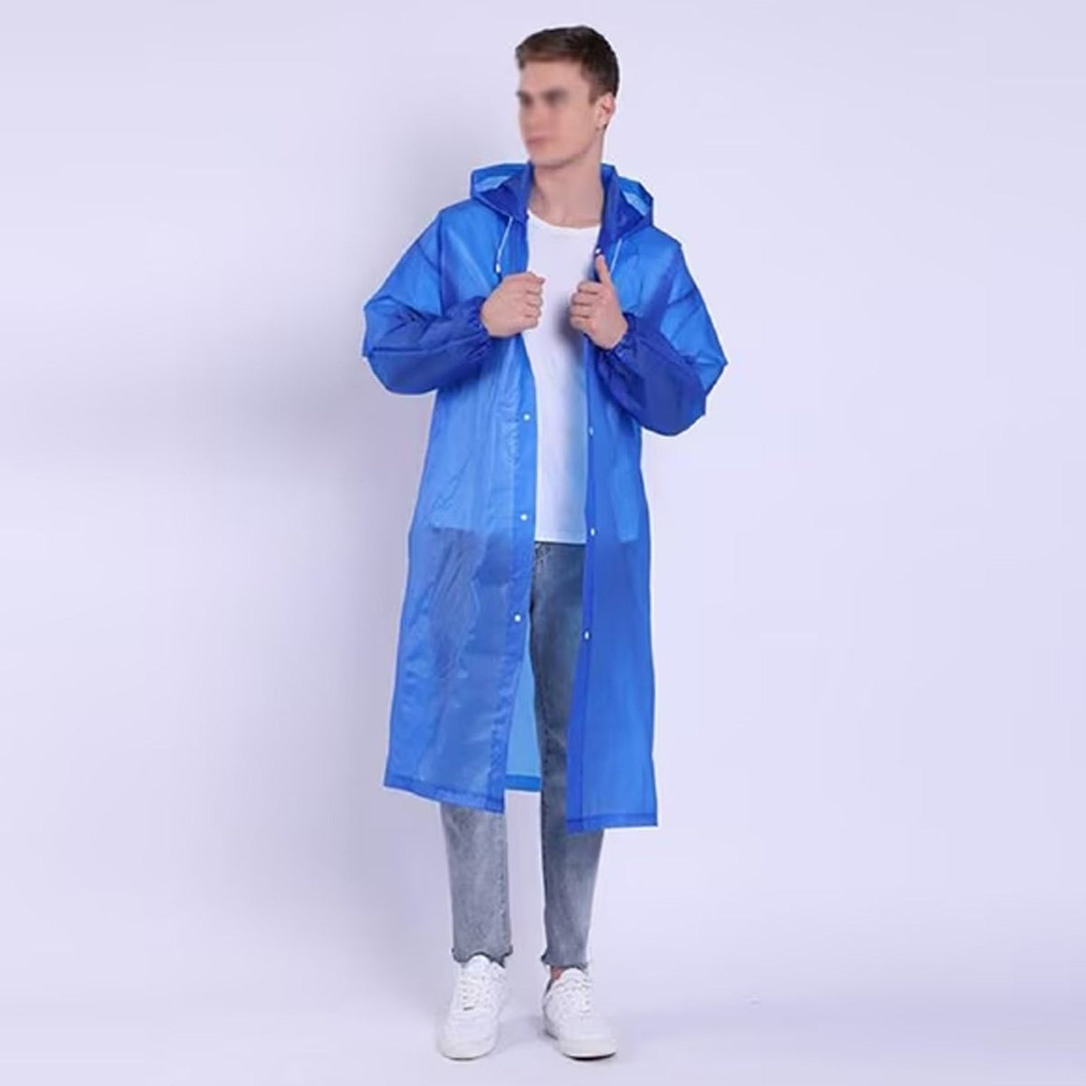 A man in a blue EVA raincoat with a hood, standing against a plain white background.