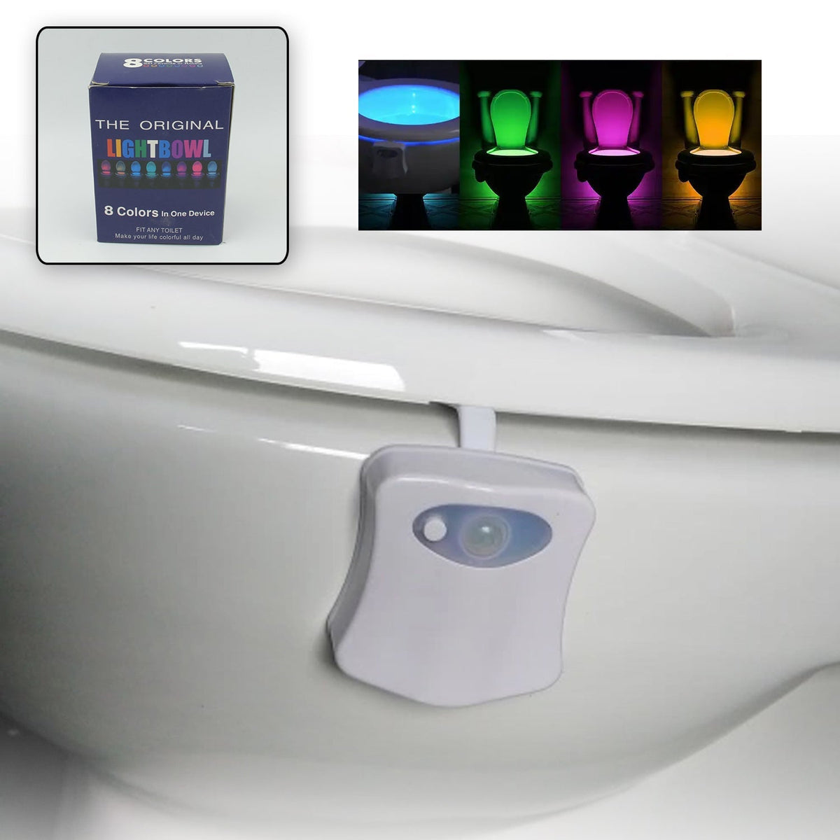 White motion sensor toilet bowl light attached to a toilet rim, with an inset of the product packaging and glowing toilet