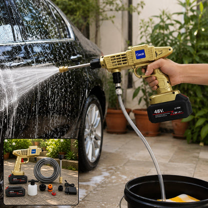 A hand holds a gold and black cordless pressure washer, spraying water and soap onto a black car. A bucket is on the ground.