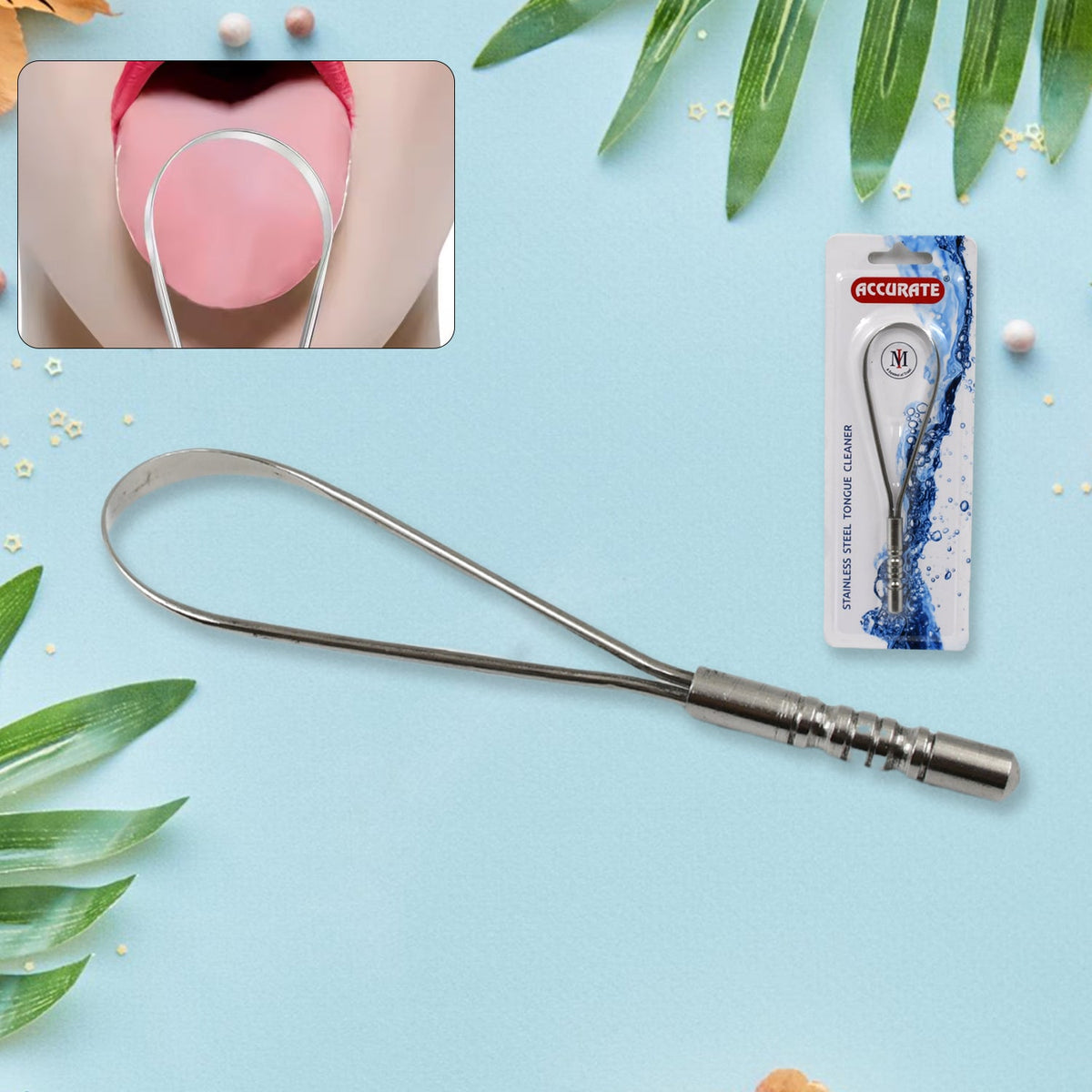 A silver metal tongue cleaner is on a blue background with its packaging and an inset of a tongue.