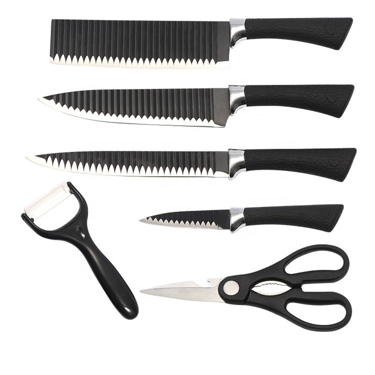 Six-piece black serrated knife set with peeler and scissors displayed individually on a white background.