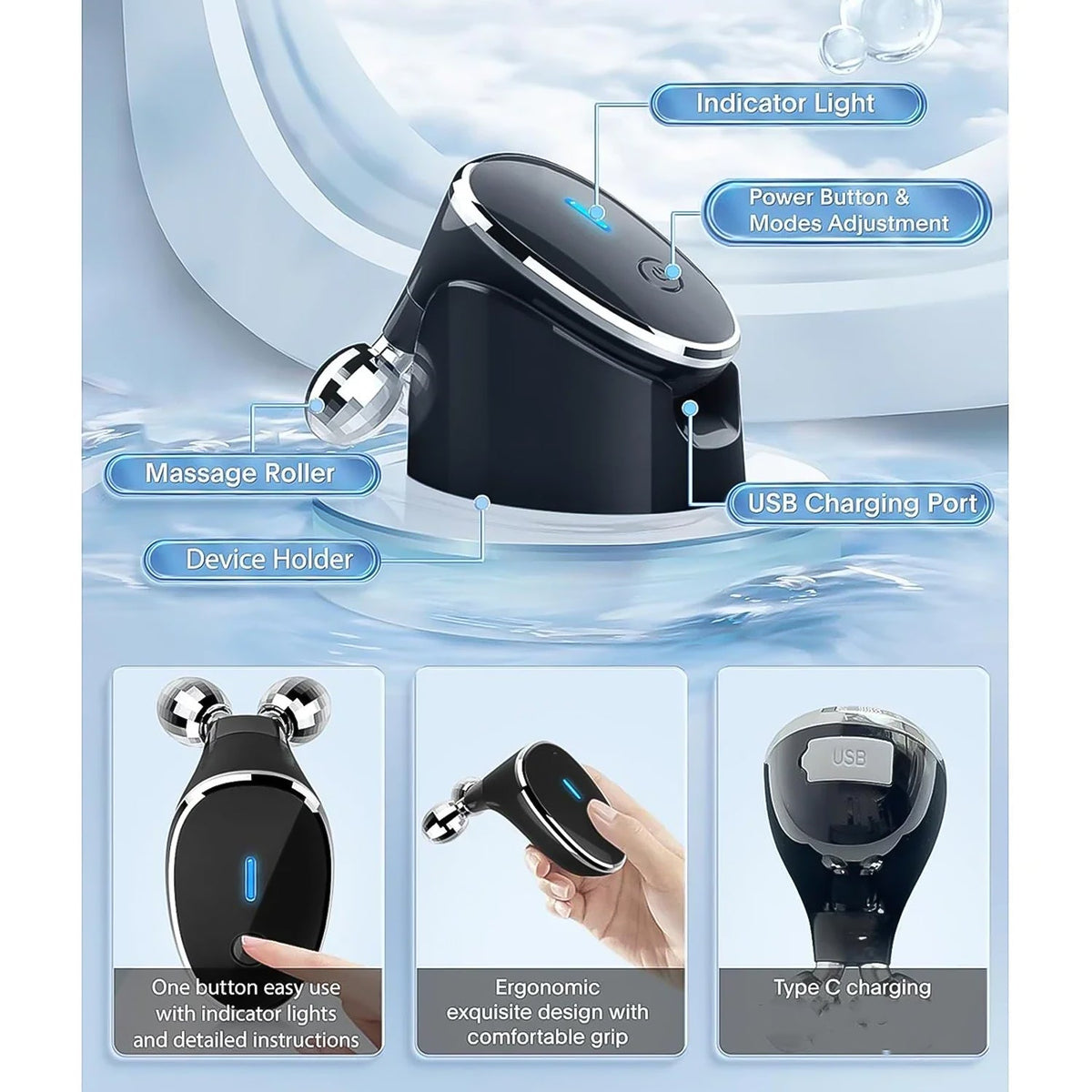 An infographic highlights parts of the black microcurrent massager: indicator light, power button, rollers, holder, and USB