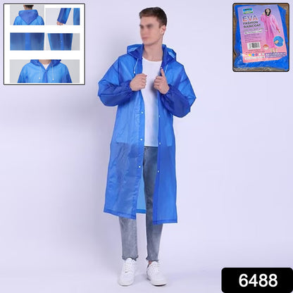 A man in a blue EVA raincoat with small inset images of the hood, sleeve, and lower front of the coat.