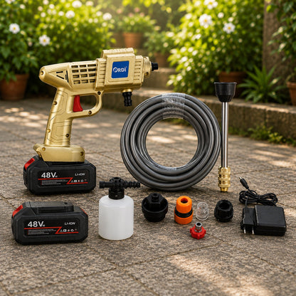 An exploded view of the gold pressure washer gun and all its components, labeled with numbers and descriptions.