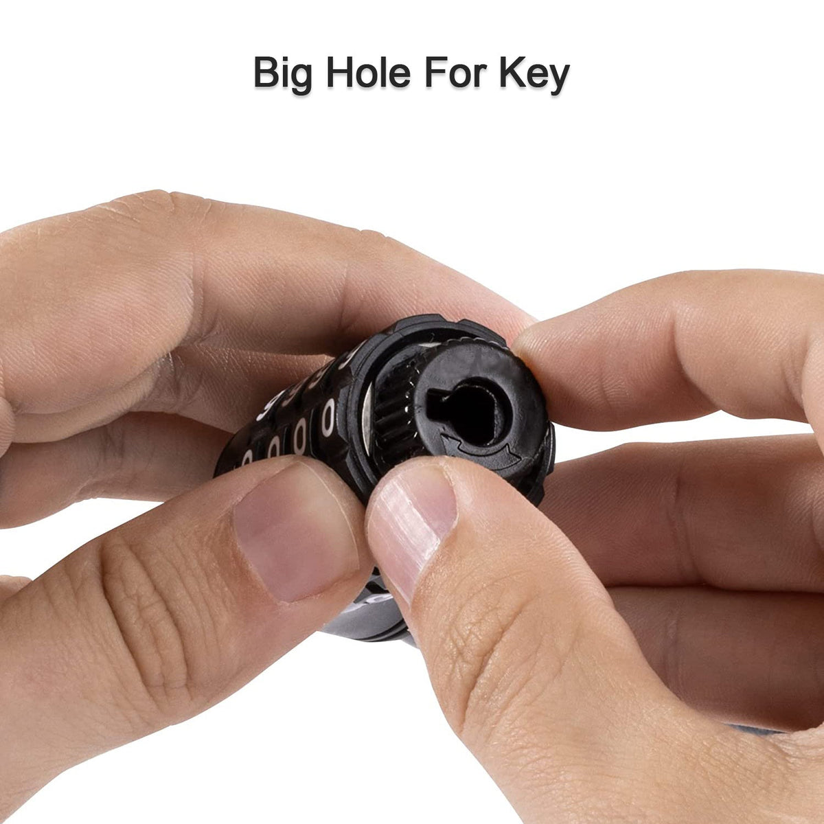 Two hands hold the end of the lock, revealing a large keyhole on the black combination mechanism.
