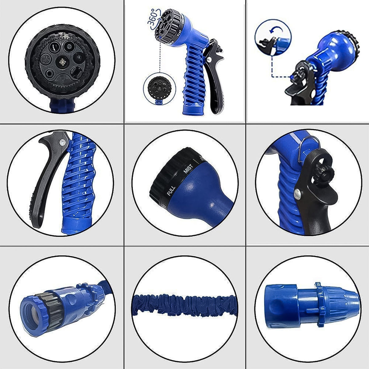 Nine circular insets showing different features of the blue expandable hose and spray gun, including connections and nozzle