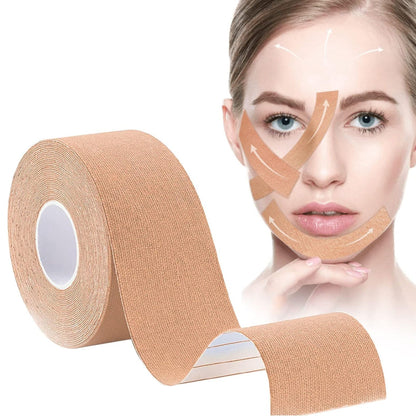 A roll of tan face lifting tape unspooling, with a woman's face in the background demonstrating tape application.