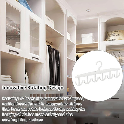 A white plastic multi-hook hanger in a circular inset, with text describing its rotating design, against a closet background.