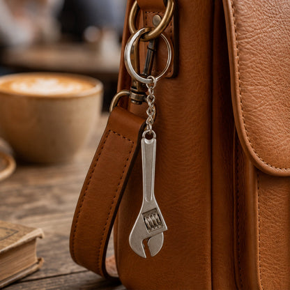 A silver metal mini adjustable wrench keychain hangs from a brown leather bag strap, with a coffee cup in the background.