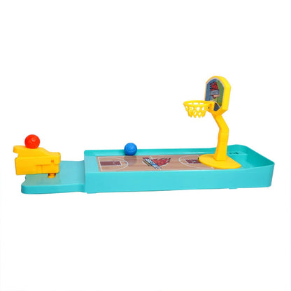 A side view of the miniature basketball game with a blue base, yellow launcher, and a blue ball on the court.