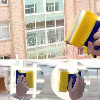 A hand using the blue and yellow magnetic window cleaner on a window, with two inset close-ups.
