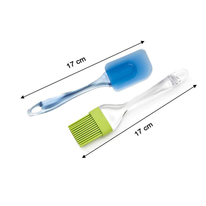 A blue silicone spatula and a green silicone brush, both with clear handles, are shown with 17 cm length measurements.