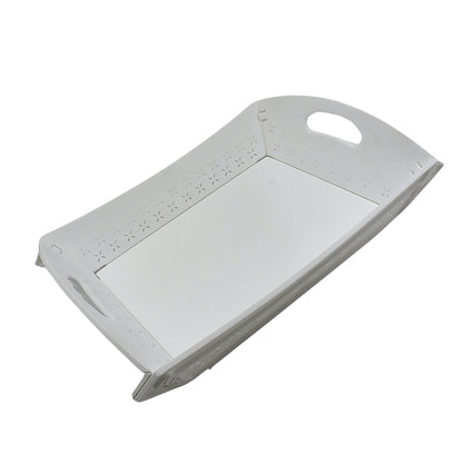 A white foldable serving tray is shown unfolded at an angle against a white background.