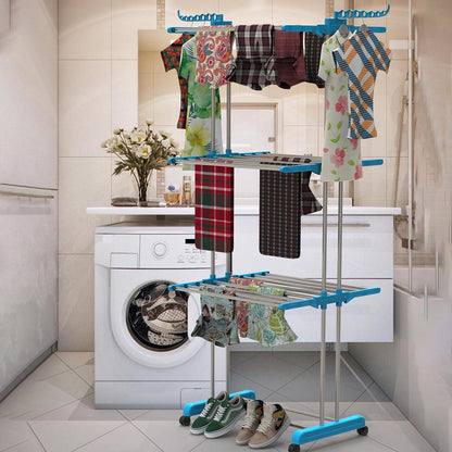 Side view of the stainless steel laundry rack, highlighting its foldable design.