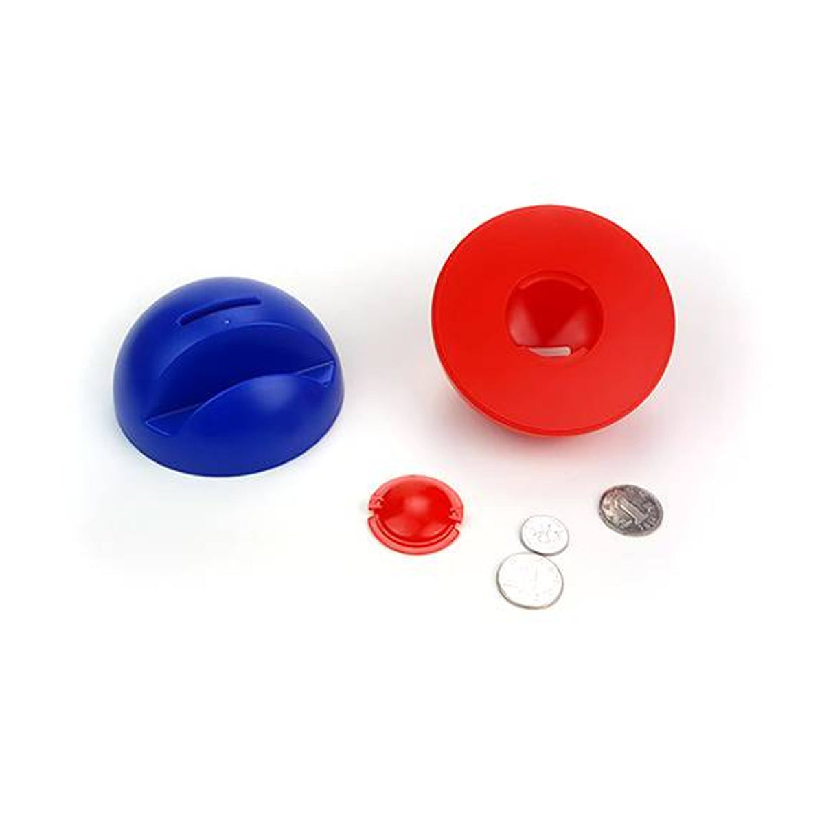A blue phone holder piggy bank and a red one with coins and a small red cap on a white background.