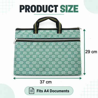 A green patterned document bag with black and gold handles, displaying its dimensions of 37 cm by 29 cm, fitting A4
