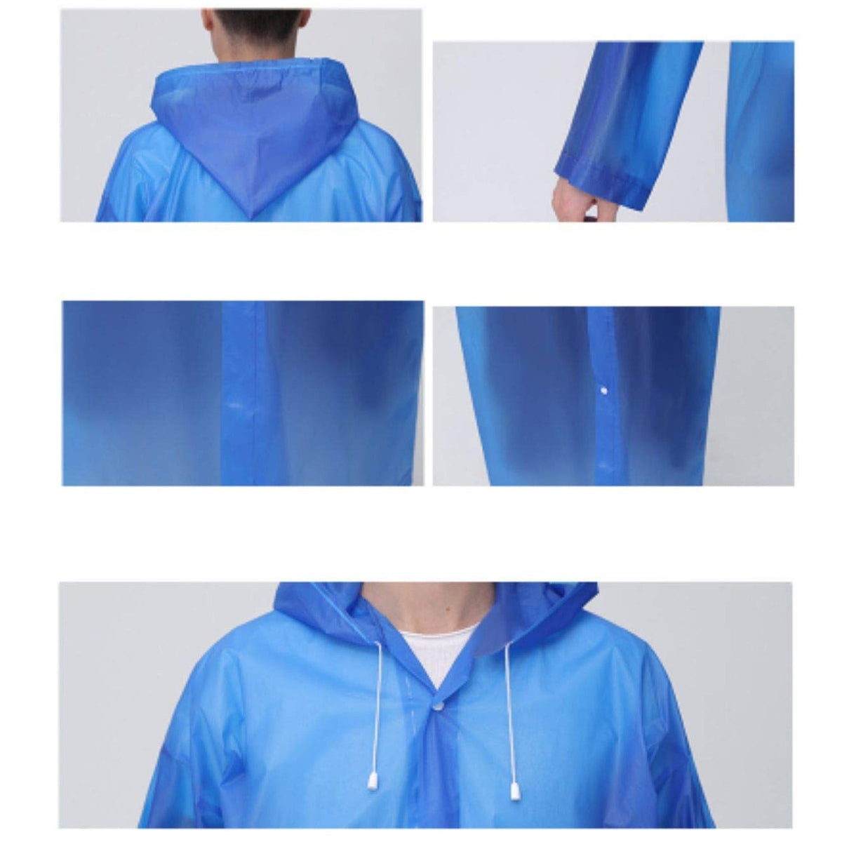 Close-up views of the blue EVA raincoat's hood, sleeve, lower front, and upper chest with drawstring.