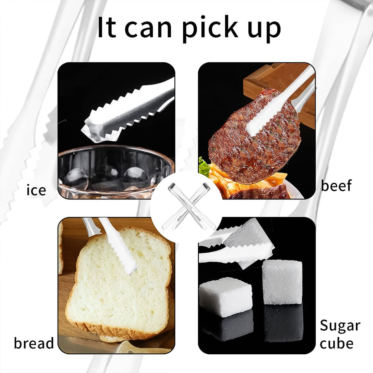 A collage showing the silver tong picking up ice, beef, bread, and sugar cubes in separate insets.
