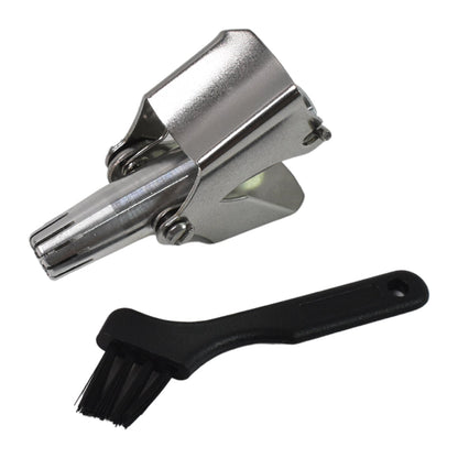 A silver manual nose hair trimmer and a black cleaning brush are shown on a plain white background.