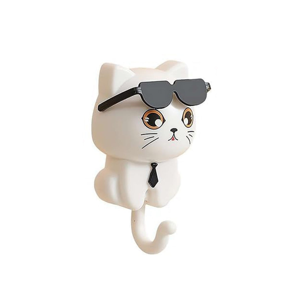 White cat-shaped wall hook with black sunglasses and a small black tie, on a plain white background.
