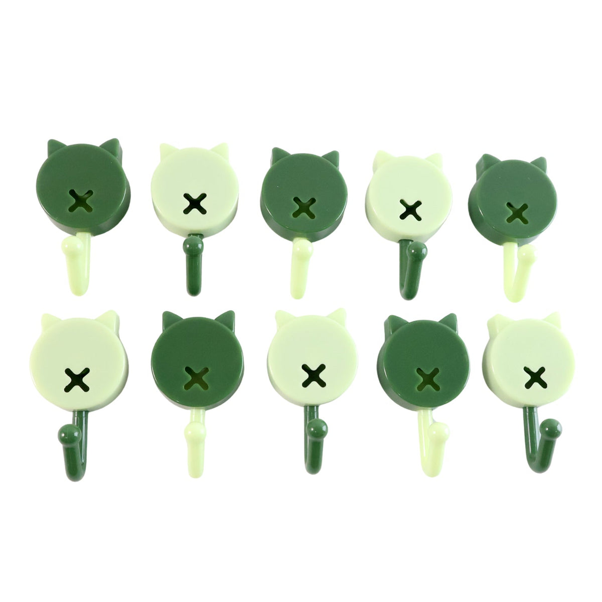 Ten cat-shaped wall hooks in alternating dark and light green colors arranged in two rows on a white background.
