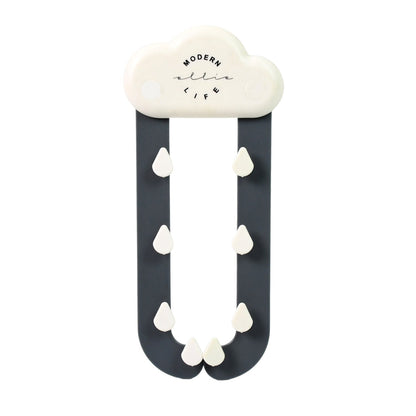 A white cloud-shaped holder with dark grey rain-like arms and white raindrop hooks on a plain white background.