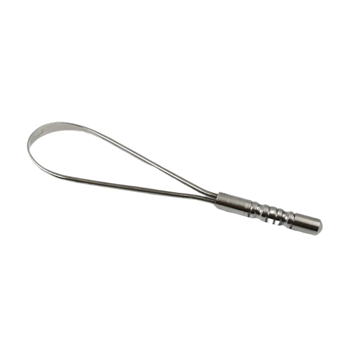 A silver metal tongue cleaner with a textured handle is isolated against a white background.