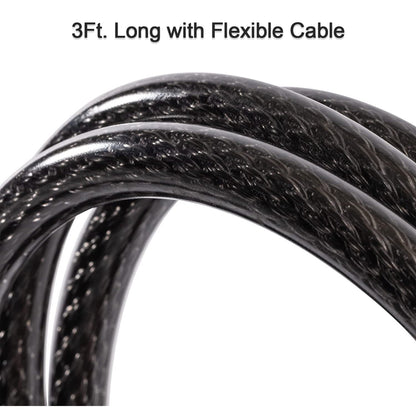 A close-up shows the textured, flexible black cable coiled against a white background.