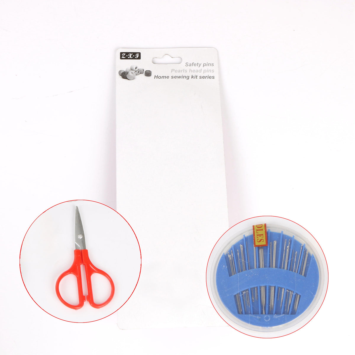 A white background with a blank sewing kit package, featuring circular insets of red scissors and a blue needle case.