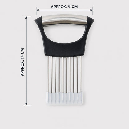 A black and silver onion holder with a white protective guard, showing its approximate dimensions of 6 cm by 14 cm.