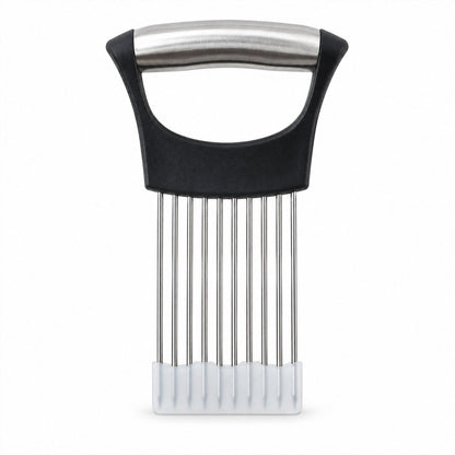 A black and silver onion holder with a white protective guard covering the prongs, centered on a white background.