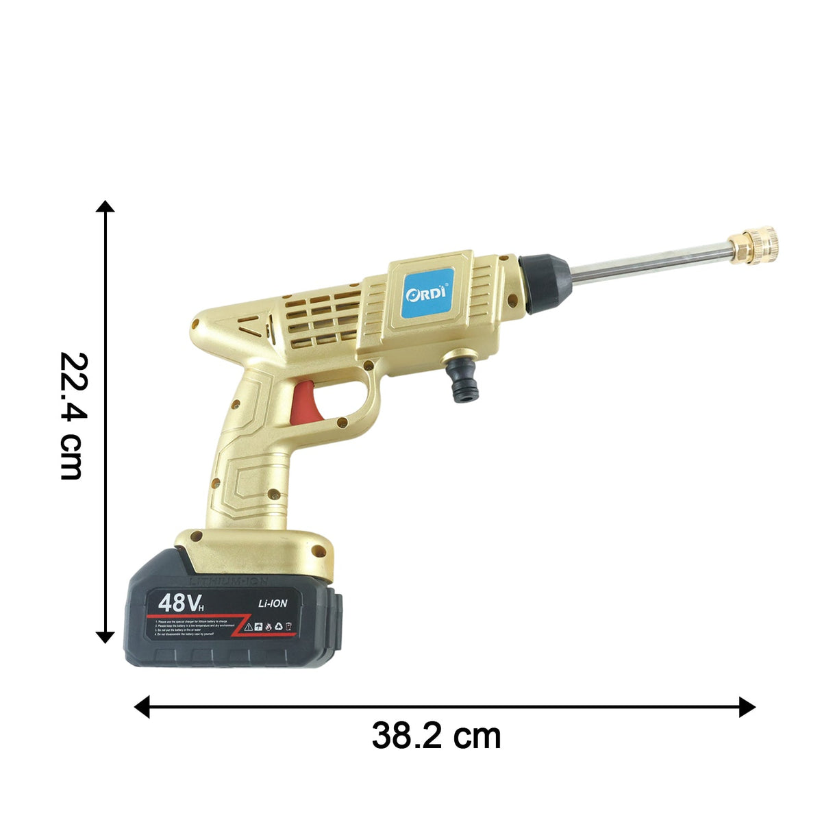 Four split images show the gold pressure washer being used for car washing, watering plants, floor cleaning, and wall