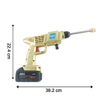 Four split images show the gold pressure washer being used for car washing, watering plants, floor cleaning, and wall