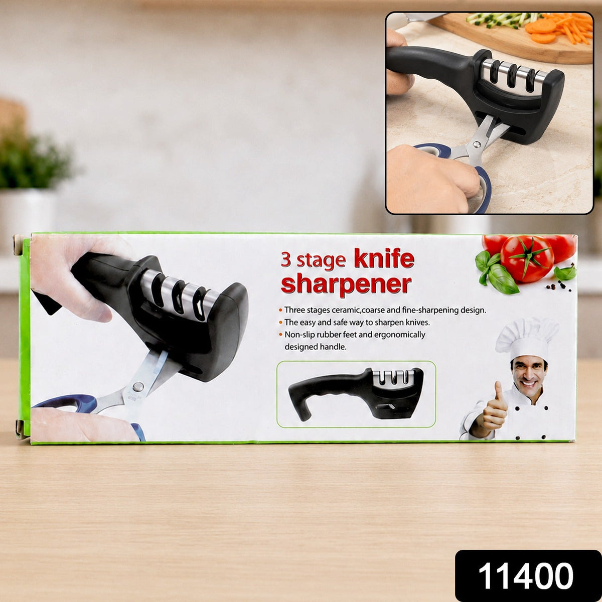 A black three-stage knife sharpener and a pair of blue-handled scissors are shown on a product box with a '11400' label.